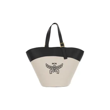 MCM Cotton Canvas With Leather Tote Bag, Shopping Bag, Handbag, Shoulder Bag Regular Women's Beige & Black