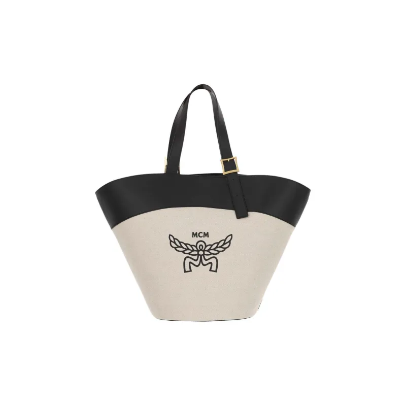 MCM Cotton Canvas With Leather Tote Bag, Shopping Bag, Handbag, Shoulder Bag Regular Women's Beige & Black-0
