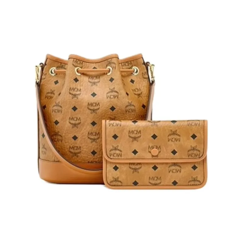 MCM Visetos Canvas With Leather Trim Bucket Bag Handbag Shoulder Bag Crossbody Bag Medium Size Women's Brown Cognac-3