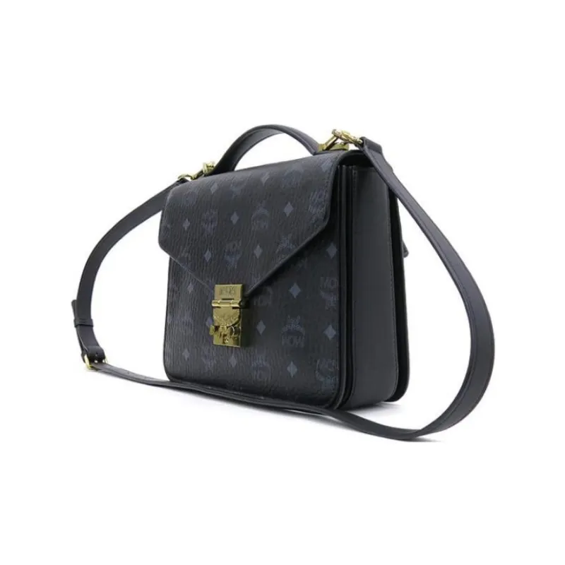 MCM Patricia Visetos Coated Canvas With Leather Handbag, Shoulder Bag, Crossbody Bag Medium Size Women's Black-1