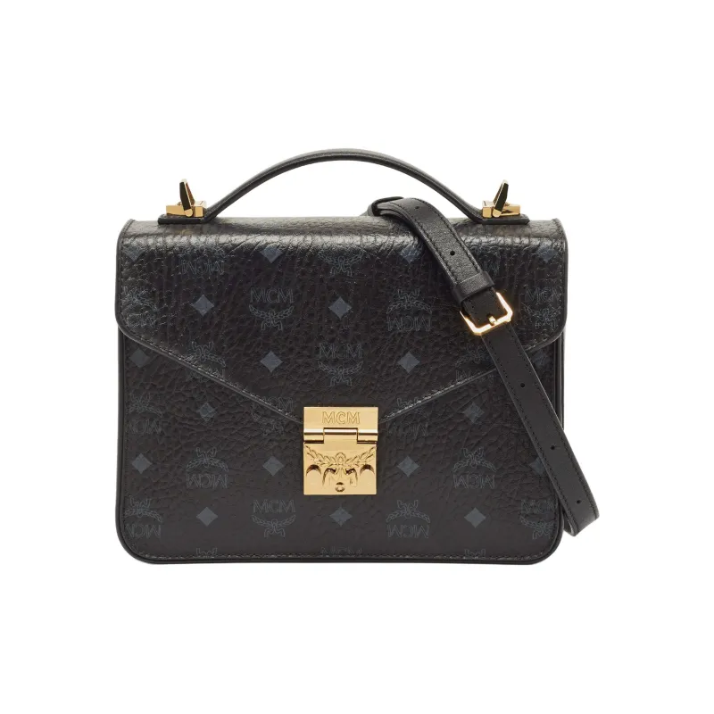 MCM Patricia Visetos Coated Canvas With Leather Handbag, Shoulder Bag, Crossbody Bag Medium Size Women's Black-3