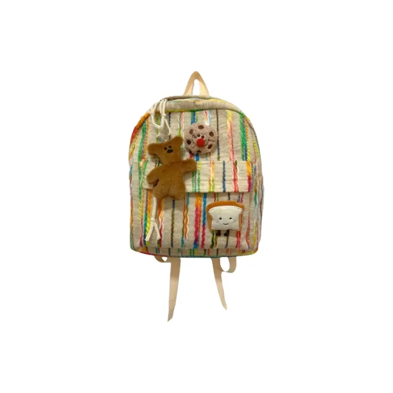 MARKANGARO Fabric Backpack Regular Unisex Khaki With Brooches Pendants-1