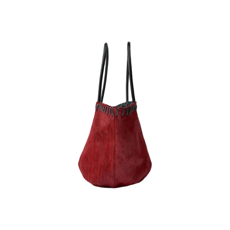 ZARA Cowhide Bucket Bags Handbags Mini Women's Red & Black-2