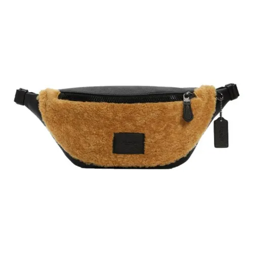 COACH Wool Velvet Zipper Crossbody Fanny Pack Large Size Men's Brown Yellow