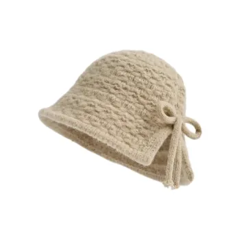 FREE RABBITⅡ Fashion Bowknot Versatile Beanie Vintage Rear Split Knitted Fabric Bucket Hat Women's