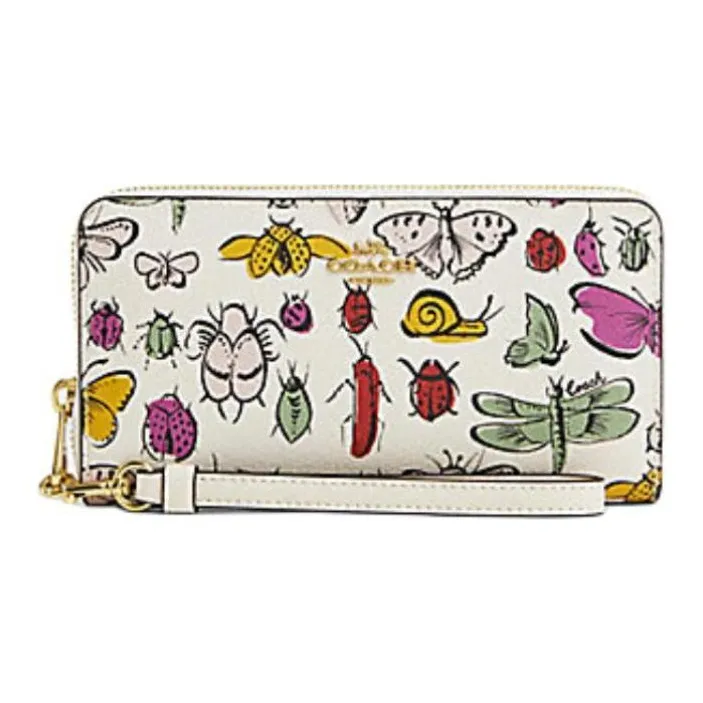 COACH Zip Around Printed Coated Canvas With Smooth Leather Wallet Small Size Women's Gold & Chalk Multicolor-0