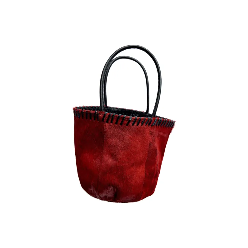 ZARA Cowhide Bucket Bags Handbags Mini Women's Red & Black-3