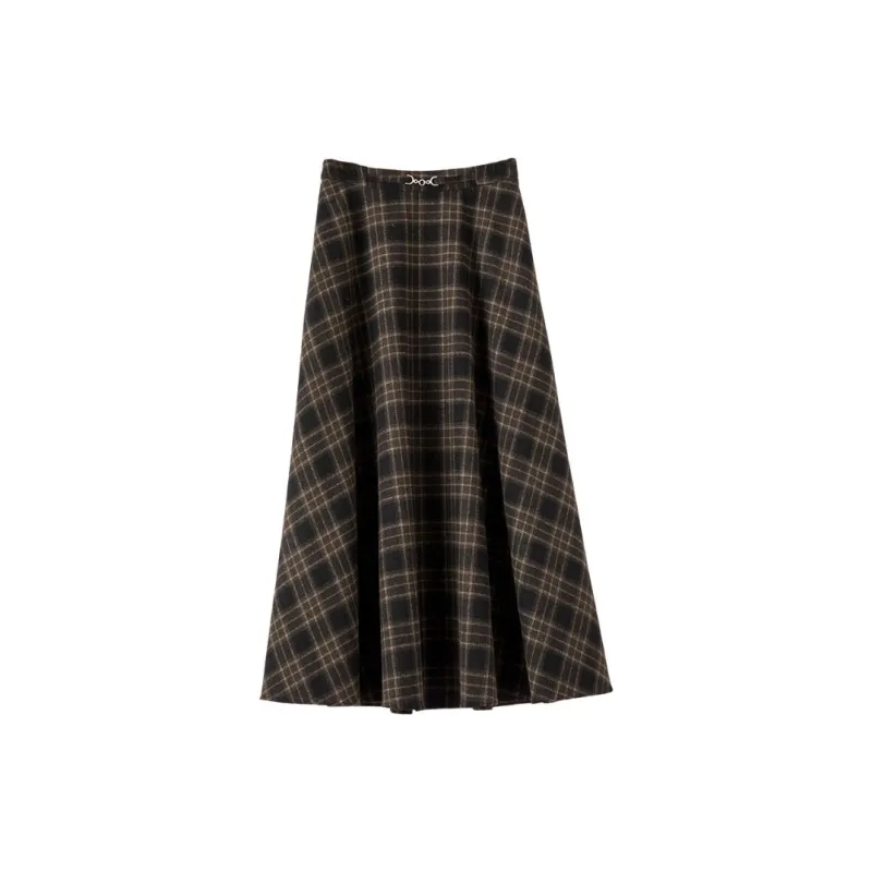 Late White Casual Long Skirt Women's Plaid-0