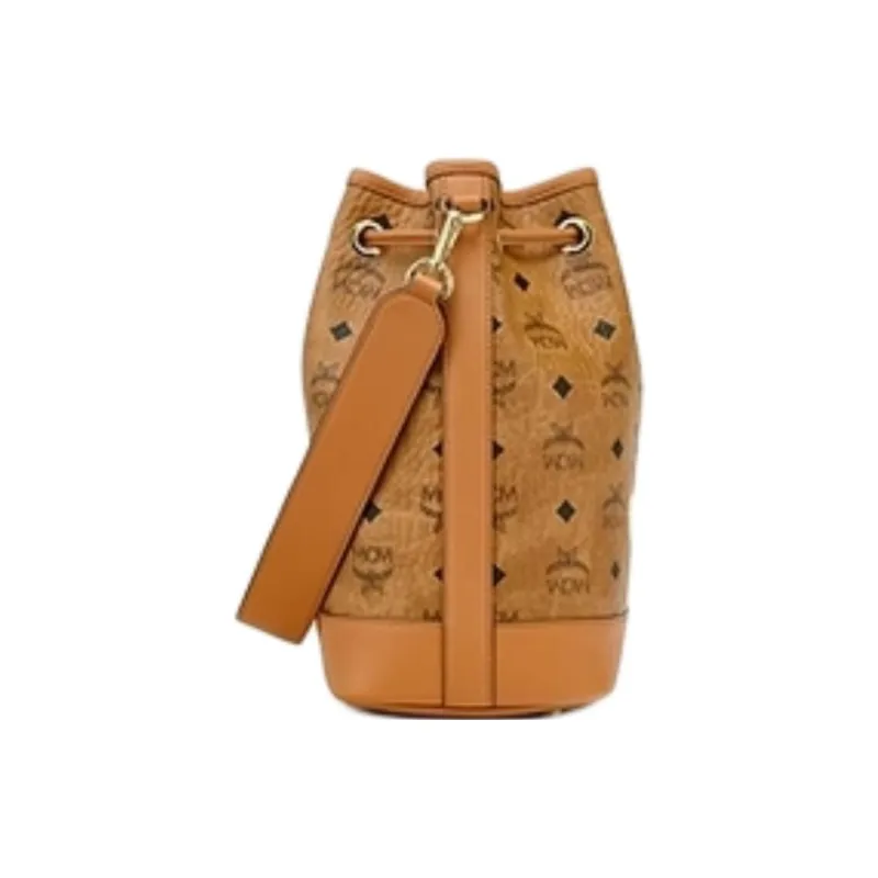 MCM Visetos Canvas With Leather Trim Bucket Bag Handbag Shoulder Bag Crossbody Bag Medium Size Women's Brown Cognac-2