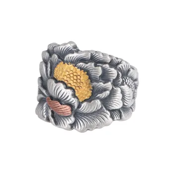 JINLUWANG Exquisite Peony Flower Handmade Gold Inlay Elegant Chinese Style Adjustable Finger Ring Women's
