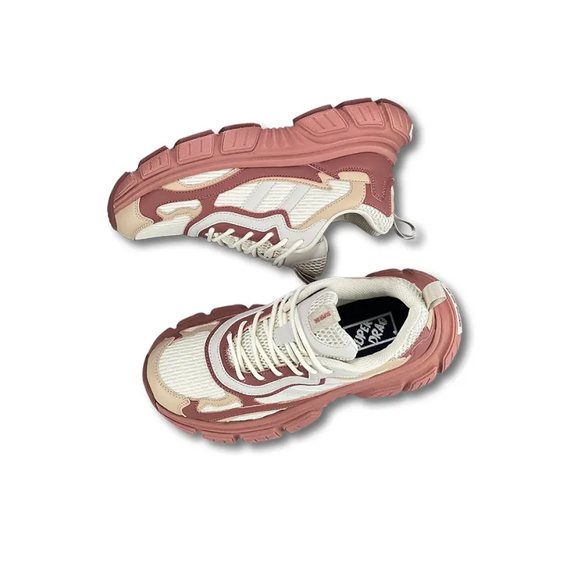 LuzaoT SUPER DRAG Cushioning Coverage Wear Resistant Slip Resistant Low Top Chunky Sneakers Women's Beige Pink Red-3