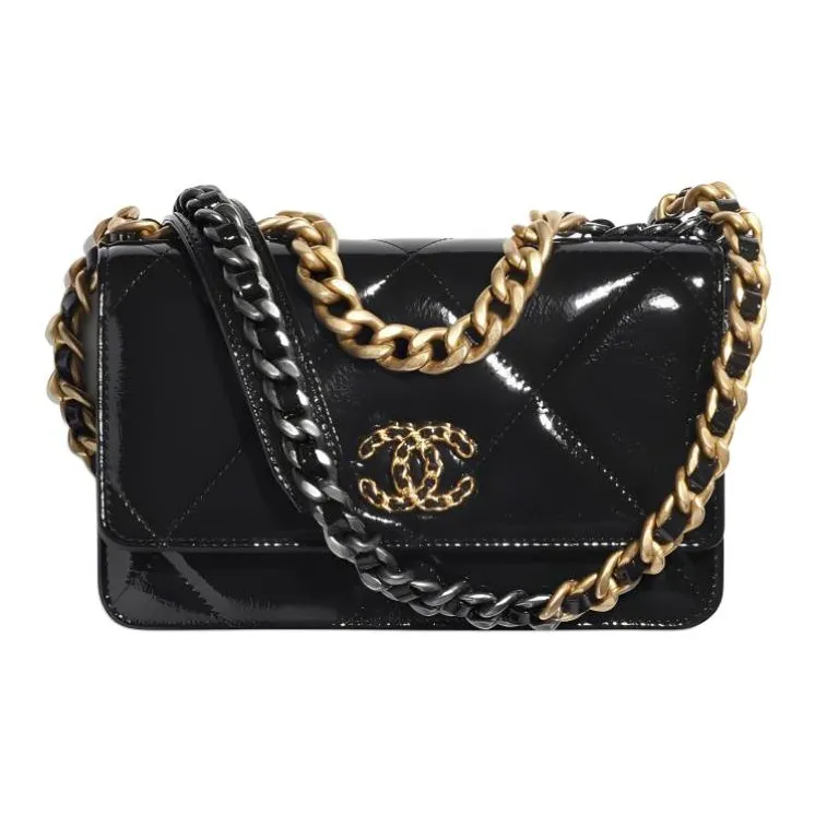CHANEL 19Bag Waxed Leather Calfskin With Metal WOC Wallet On Chain, Handbag, Shoulder Bag, Crossbody Bag Women's Black-0