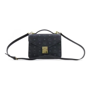 MCM Patricia Visetos Coated Canvas With Leather Handbag, Shoulder Bag, Crossbody Bag Medium Size Women's Black