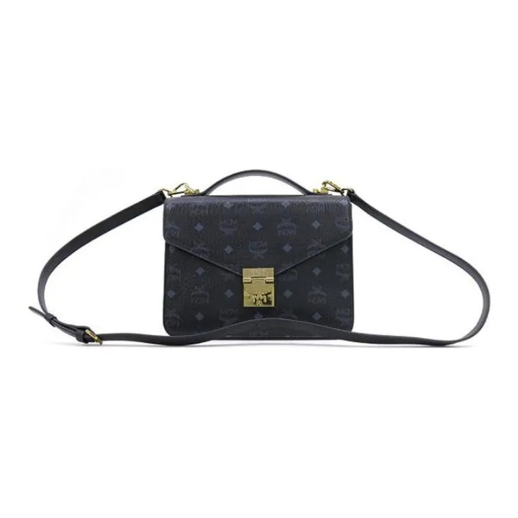 MCM Patricia Visetos Coated Canvas With Leather Handbag, Shoulder Bag, Crossbody Bag Medium Size Women's Black-0