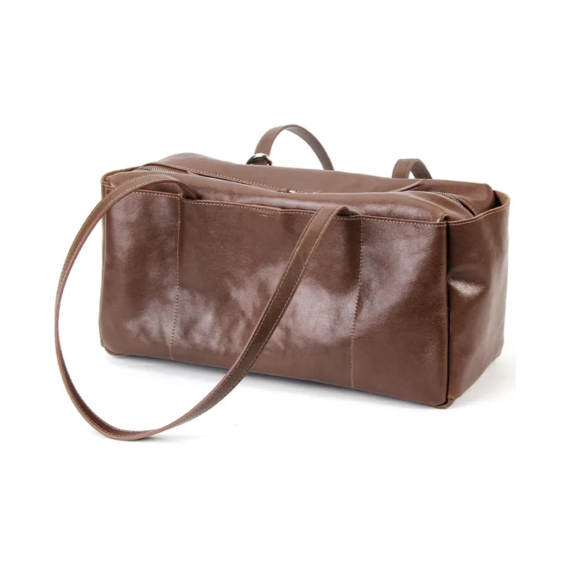 YOCAMU Vegetable Tanned Cow Leather Shoulder Bag Large Size Unisex Black Coffee-2