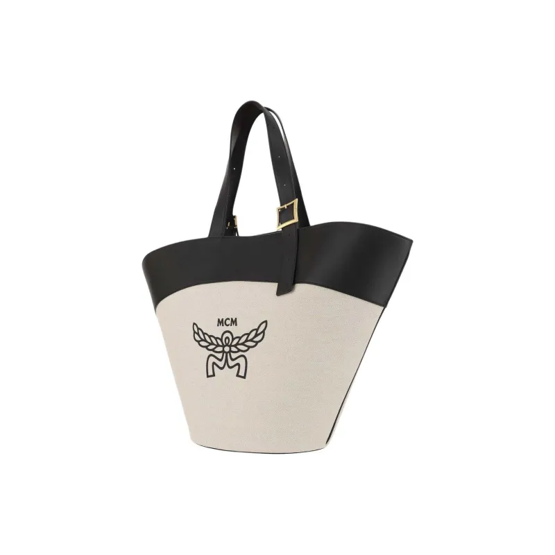 MCM Cotton Canvas With Leather Tote Bag, Shopping Bag, Handbag, Shoulder Bag Regular Women's Beige & Black-1