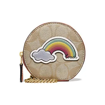 COACH Coin Case Canvas With Leather Cylinder Bag Coin Purse Shoulder Bag Crossbody Bag Mini Women's Brown