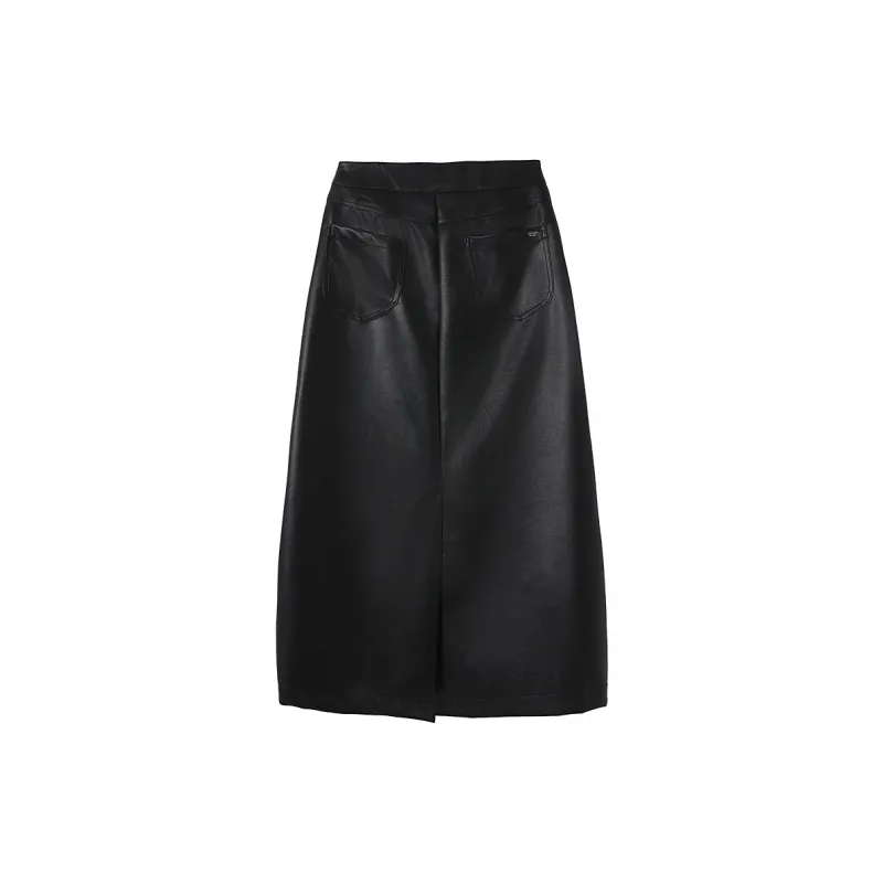XIANGYING Leather Long Skirts Women's Black-1