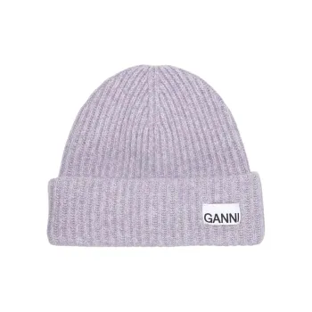 GANNI Logo patch Ribbed Knit Beanie