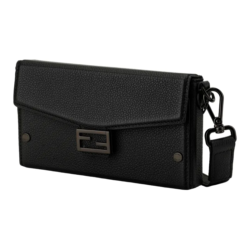 FENDI Full Grain Leather Cell Phone Pouch Crossbody Bag Shoulder Bag Men's Black-2