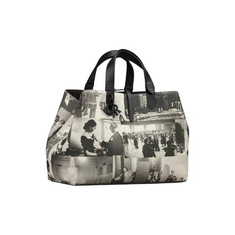 DIOR Cotton With Calfskin Handbag Large Size Women's Black & White-2
