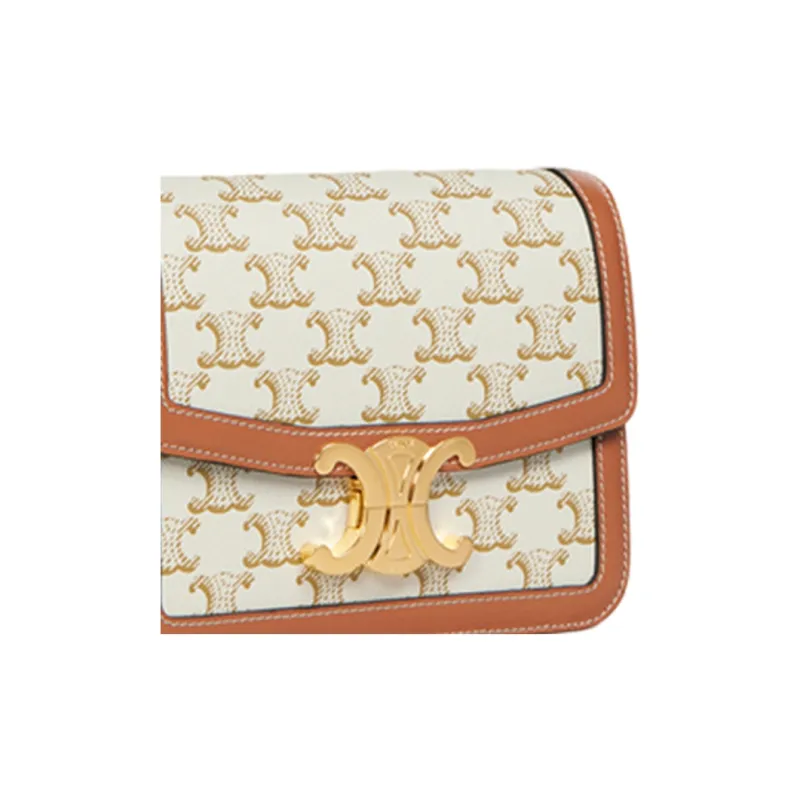 CELINE Triomphe Arc De Triomphe Canvas With Leather Shoulder Bag, Portable Crossbody Bag Medium Size Women's White-3
