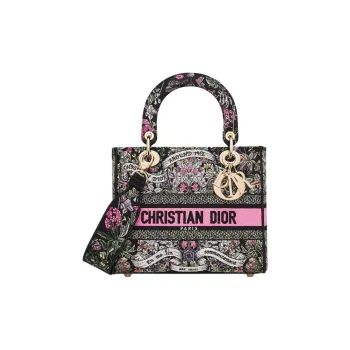 DIOR Lady D-Lite Cotton Tote Bag Shopping Bag Shoulder Bag Crossbody Bag Handbag Medium Size Women's Red & Black
