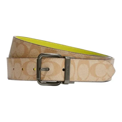 COACH Calfskin Leather Belts Unisex Light Khaki/Citrus Green Width: 3.8CM