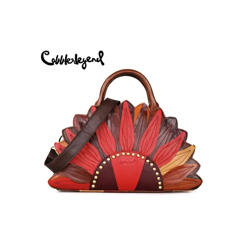 ;COBBLER LEGEND Top Grain Cow Leather Handbags Shoulder Bags Medium Size Women's Red With Apricot And Light Brown-1