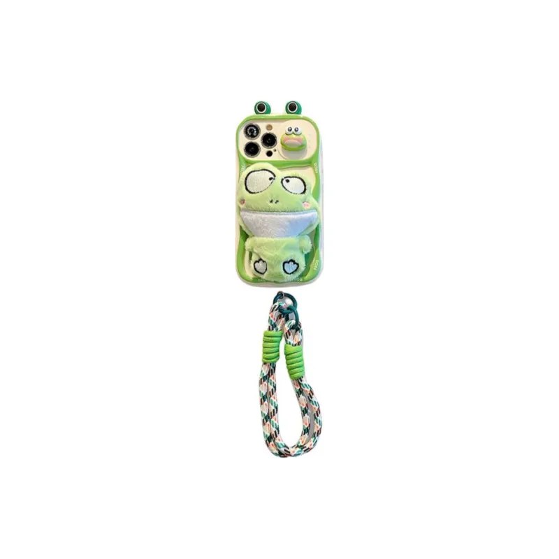 Sopi TPU Material Push Window Green Plush Frog Phone Cases Compatible With IPhone 16/15 Pro Max/Apple 13/14 Pro Max/12-0