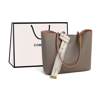 COMELY Cow Leather Patchwork Synthetic Leather Tote Bag Shoulder Bag Shopping Bag Medium Size Women's Remain Moon Gray