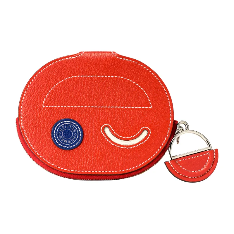 HERMES In The Loop Mysore Goat Skin Card Holder Women's Orange Red/Gray White/Electric Blue-1