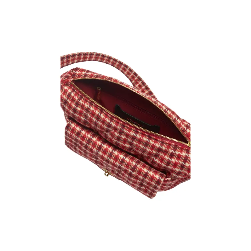 CHANEL Wool Plaid Calfskin Hobo Bag Handbag Shoulder Bag Large Size Women's Red & White & Beige & Dark Brown-3