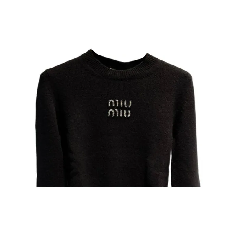 MIU MIU Logo Embellished Cropped Knitted Jumper-3