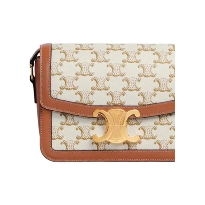 CELINE Triomphe Arc De Triomphe Canvas With Leather Shoulder Bag, Portable Crossbody Bag Medium Size Women's White-2