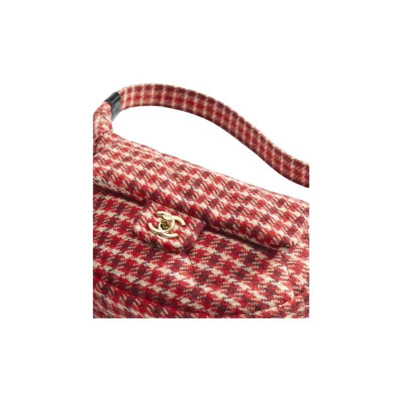 CHANEL Wool Plaid Calfskin Hobo Bag Handbag Shoulder Bag Large Size Women's Red & White & Beige & Dark Brown-2