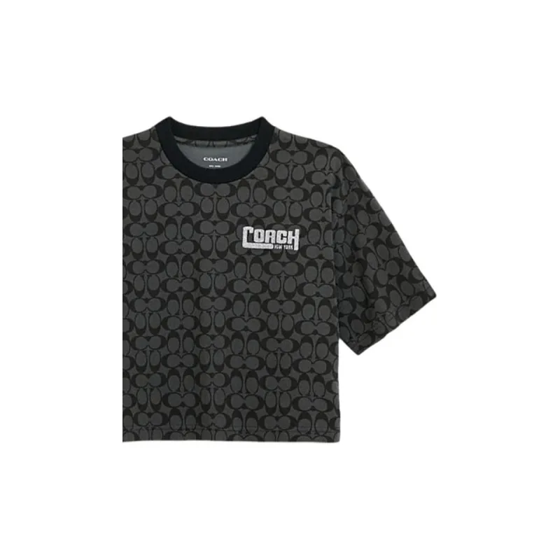 COACH Letter Logo All Over Print Casual Crew Neck Cropped Short Sleeved T Shirt Women's Mixed Black-5