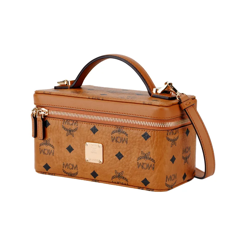 MCM Leather Box Bag, Makeup Bag, Shoulder Bag, Crossbody Bag, Handbag Women's Brown Cognac-3