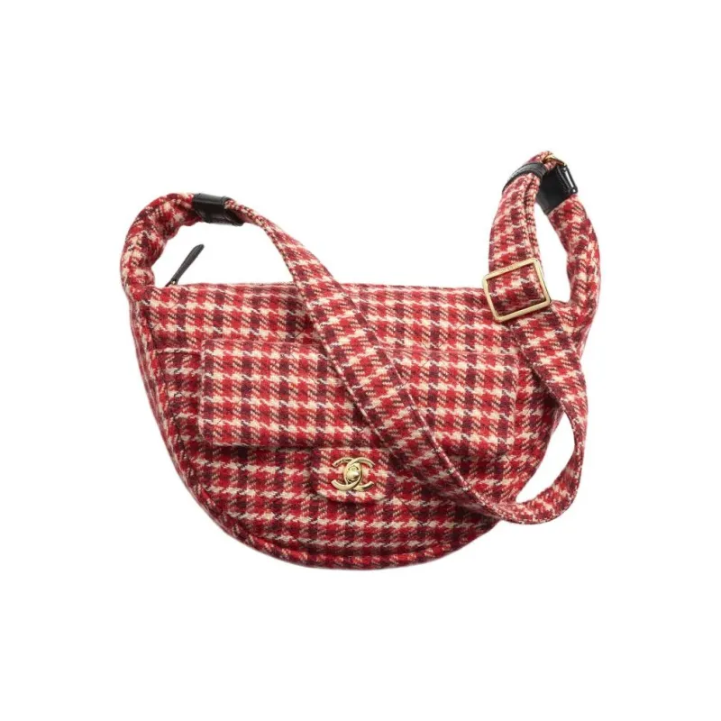 CHANEL Wool Plaid Calfskin Hobo Bag Handbag Shoulder Bag Large Size Women's Red & White & Beige & Dark Brown-0