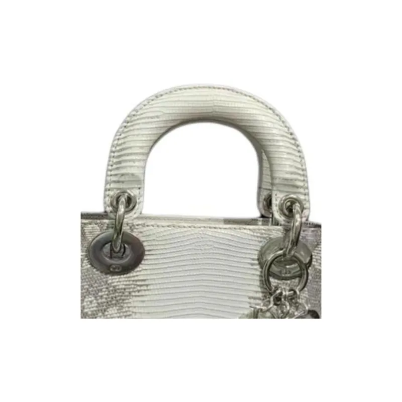 DIOR Lady Dior Lizard Skin Shoulder Bag Crossbody Bag Handbag Mini Women's Gray/Milk White-3