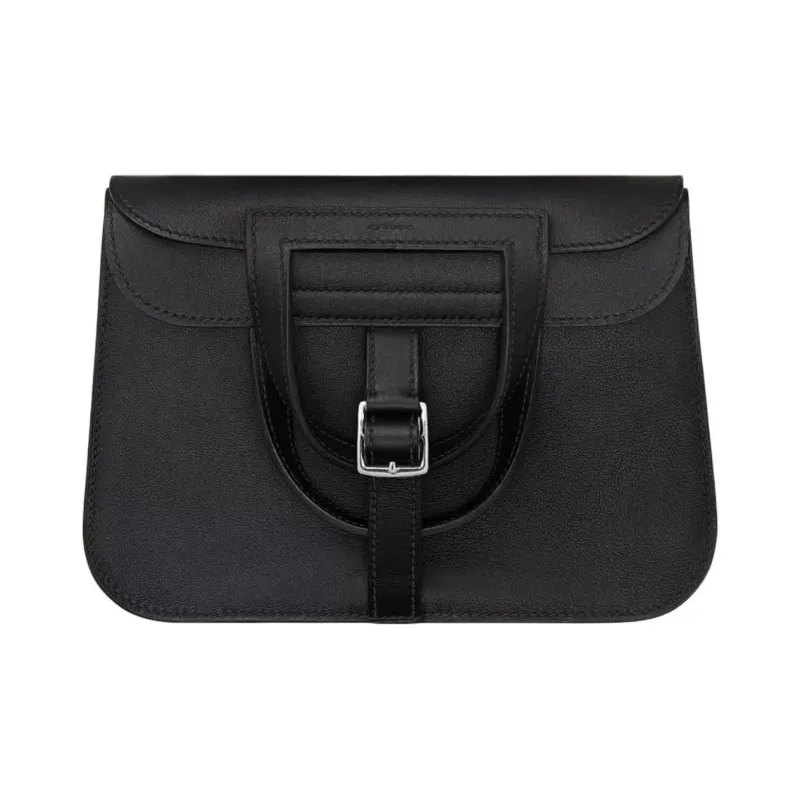 HERMES Halzan Swift Leather Horseshoe Bag, Portable Crossbody Bag, Shoulder Bag Mini Unisex Mist Gray & Black-0