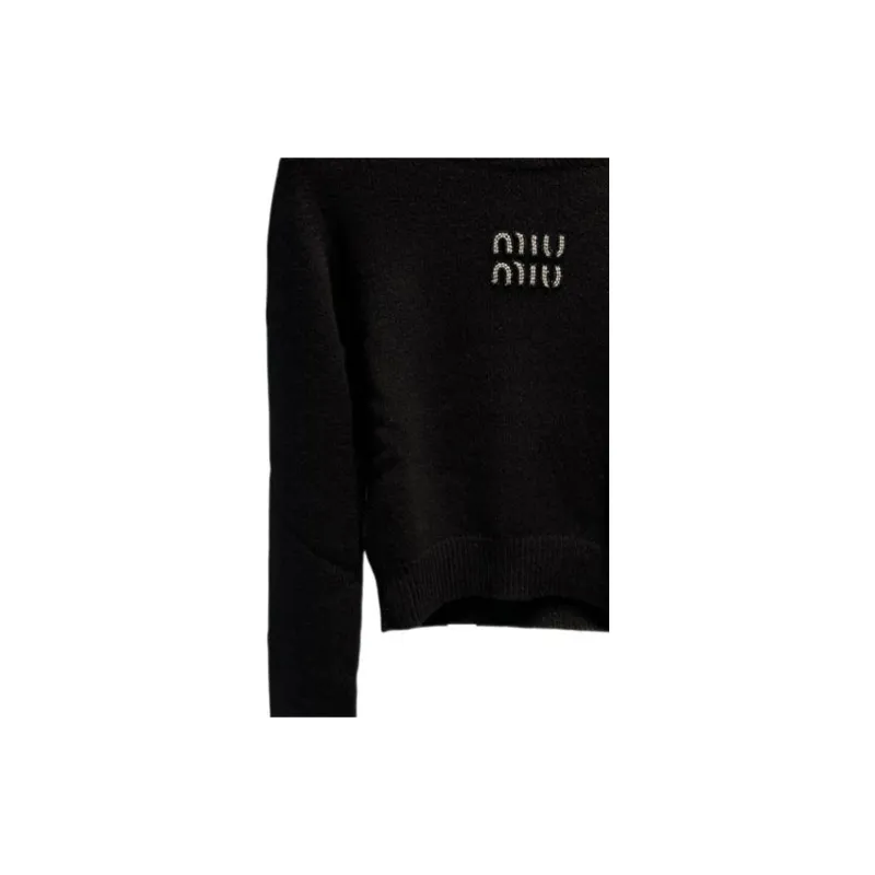 MIU MIU Logo Embellished Cropped Knitted Jumper-5