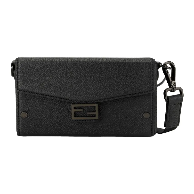 FENDI Full Grain Leather Cell Phone Pouch Crossbody Bag Shoulder Bag Men's Black-1