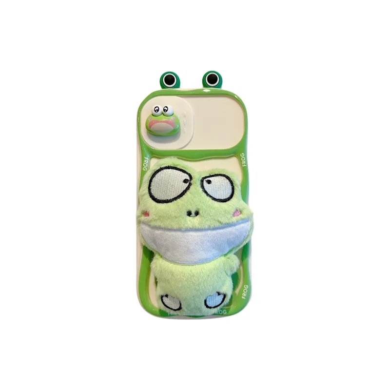 Sopi TPU Material Push Window Green Plush Frog Phone Cases Compatible With IPhone 16/15 Pro Max/Apple 13/14 Pro Max/12-2