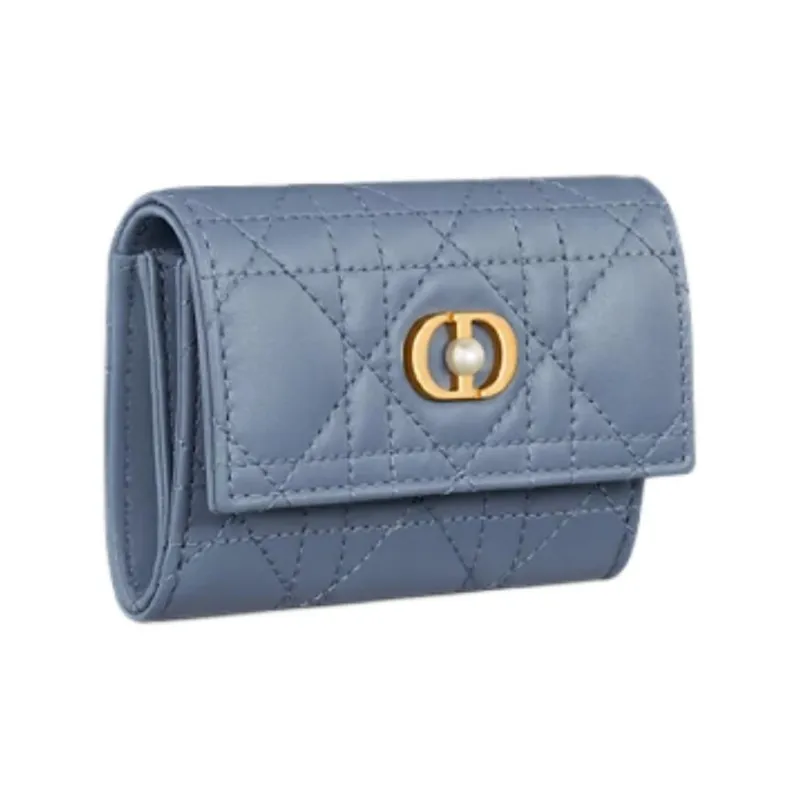 DIOR Wicker Pattern Lambskin Wallet Women's Denim Blue-1