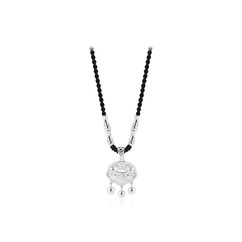 WANLIACC S999 Fine Silver Bamboo Peace Lock Necklace Women's-0