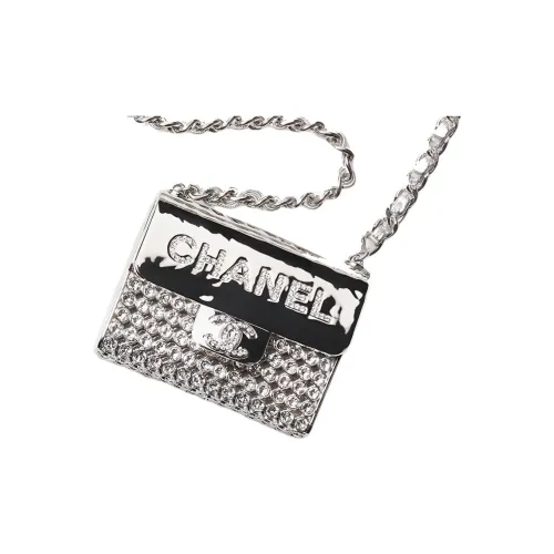 CHANEL Sheepskin Necklace Pouch Unisex Silver