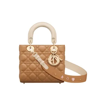 DIOR Lady Dior Lambskin Shoulder Bag Crossbody Bag Handbag Small Size Women's Tan & Grey Ivory