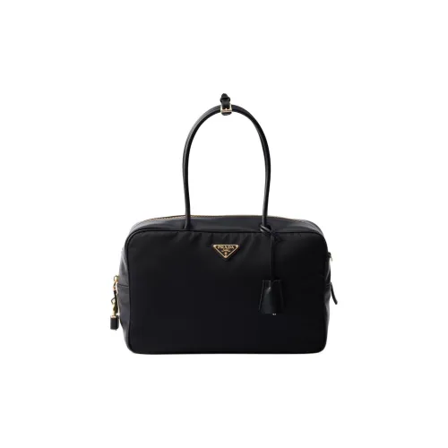 PRADA Recycled Nylon With Patchwork Leather Handbag Large Size Women's Black