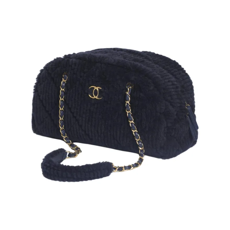 CHANEL Wool Bowling Bag, Handbag, Shoulder Bag Tubas Women's Black Blue-1